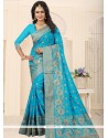 Art Silk Blue Embroidered Work Traditional Saree