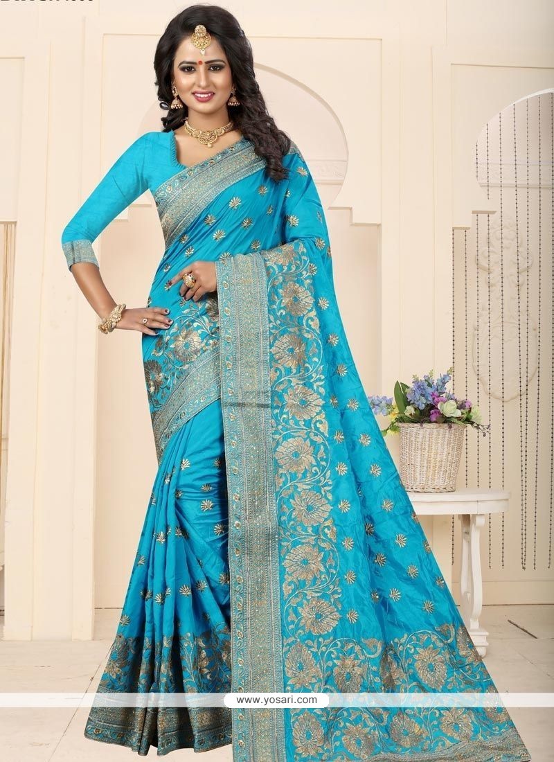 Buy Art Silk Blue Embroidered Work Traditional Saree | Wedding Sarees