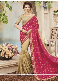 Art Silk Beige And Hot Pink Embroidered Work Half N Half Saree