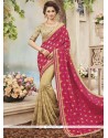 Art Silk Beige And Hot Pink Embroidered Work Half N Half Saree