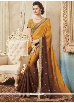 Faux Georgette Brown And Mustard Shaded Saree