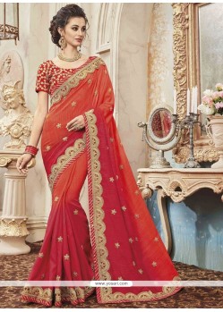 Patch Border Work Orange And Red Art Silk Shaded Saree