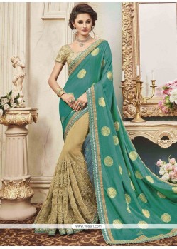 Art Silk Beige And Sea Green Designer Half N Half Saree