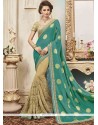 Art Silk Beige And Sea Green Designer Half N Half Saree