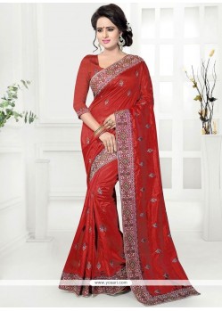 Art Silk Red Embroidered Work Traditional Designer Saree