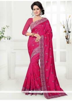 Art Silk Hot Pink Embroidered Work Traditional Saree