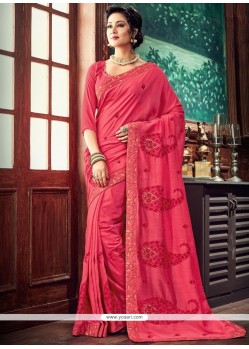 Hot Pink Lace Work Art Silk Traditional Saree