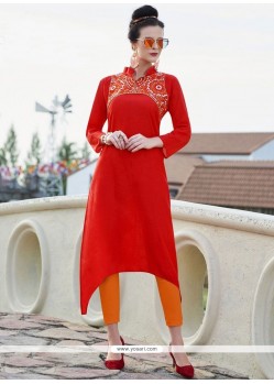 Embroidered Work Red Cotton Party Wear Kurti