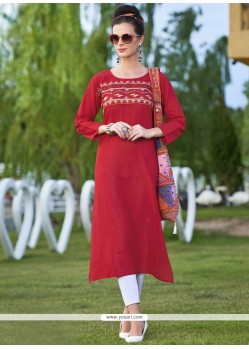 Embroidered Work Red Cotton Party Wear Kurti