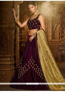 Purple Cutdana Work Banarasi Silk A Line Lehenga Choli