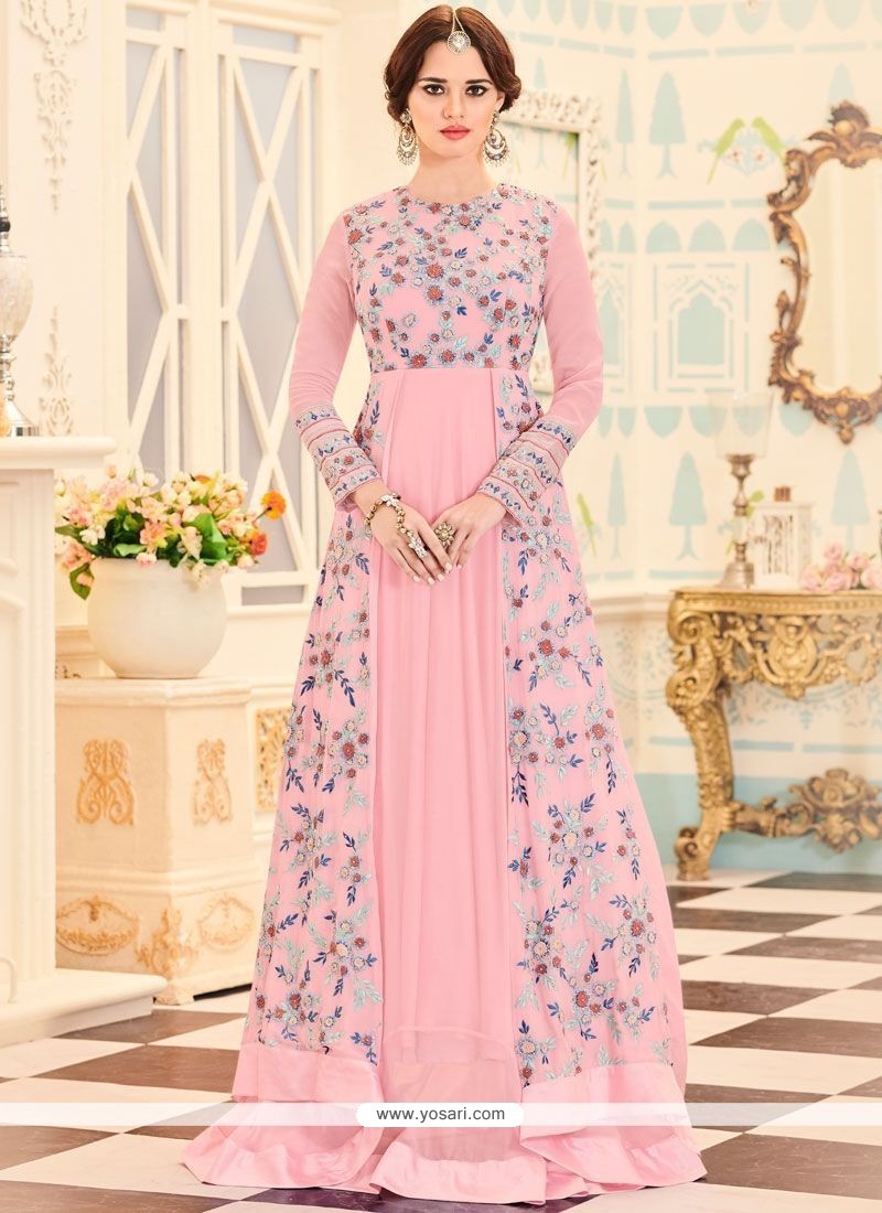 Buy Pink Embroidered Work Brasso Georgette Floor Length Anarkali Suit ...
