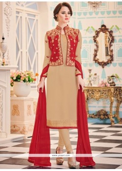Embroidered Work Beige Faux Georgette Jacket Style Suit