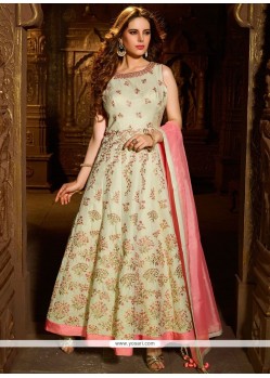 Shimmer Georgette Cream And Pink Resham Work Readymade Suit