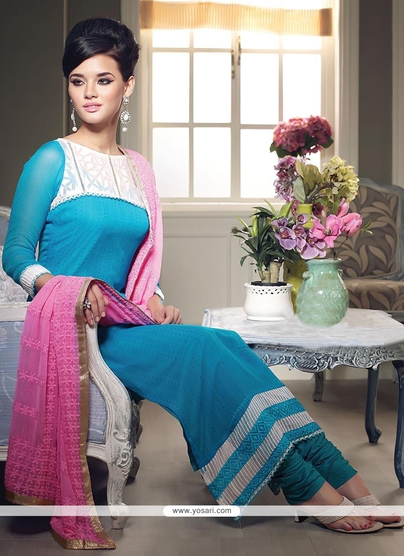 Lovely Turquoise Blue Georgette Printed Straight Suit