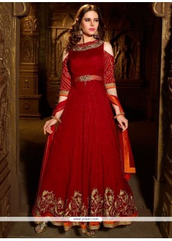 Velvet Red Cutdana Work Readymade Suit