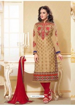 Cream And Red Georgette Churidar Suit