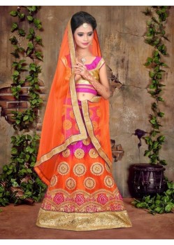 Orange Banglori Silk With Embroidery Work Lehenga Choli For Girls