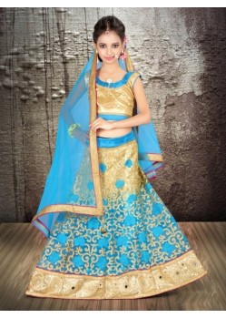 Turquoise Banglori Silk With Embroidery Work Lehenga Choli For Girls