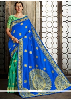 Blue And Sea Green Weaving Work Art Silk Half N Half Designer Saree
