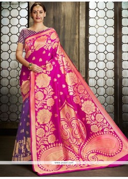 Art Silk Hot Pink And Purple Designer Half N Half Saree