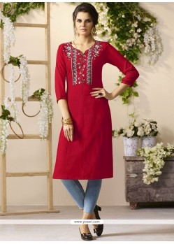 Embroidered Work Maroon Rayon Party Wear Kurti