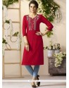 Embroidered Work Maroon Rayon Party Wear Kurti