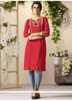 Embroidered Work Rayon Red Party Wear Kurti