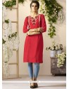 Embroidered Work Rayon Red Party Wear Kurti