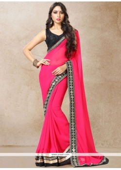 Faux Georgette Hot Pink Embroidered Work Classic Designer Saree