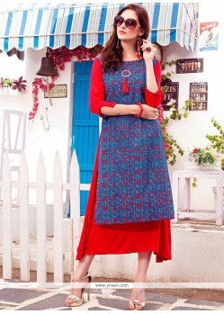 Blue And Red Print Work Party Wear Kurti