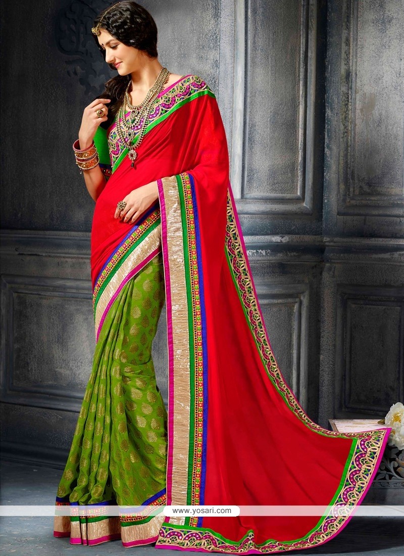 Glowing Red And Green Georgette Designer Saree