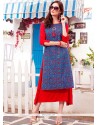 Blue And Red Print Work Party Wear Kurti