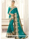 Teal Patch Border Work Faux Georgette Classic Designer Saree