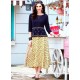 Print Work Rayon Cream And Navy Blue Party Wear Kurti