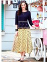 Print Work Rayon Cream And Navy Blue Party Wear Kurti