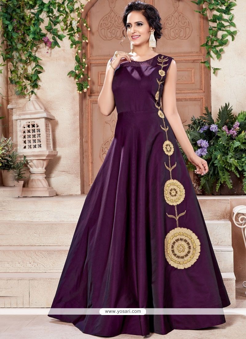 Embroidery Work Purple Art Silk Party Wear Gown WG88412