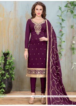 Embroidered Work Faux Georgette Purple Churidar Suit