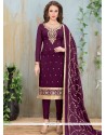 Embroidered Work Faux Georgette Purple Churidar Suit