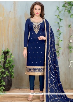 Navy Blue Embroidered Work Faux Georgette Churidar Suit