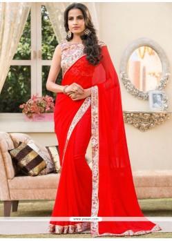 Red Print Work Faux Chiffon Printed Saree