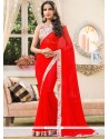 Red Print Work Faux Chiffon Printed Saree