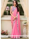 Pink Print Work Faux Chiffon Printed Saree