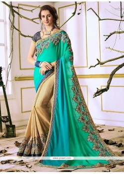 Lace Work Beige And Sea Green Half N Half Saree