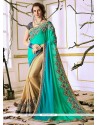 Lace Work Beige And Sea Green Half N Half Saree