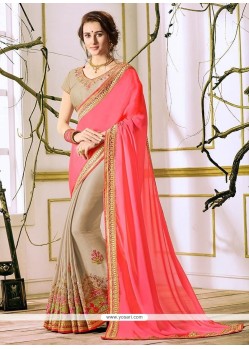 Embroidered Faux Georgette Designer Half N Half Saree In Beige And Pink