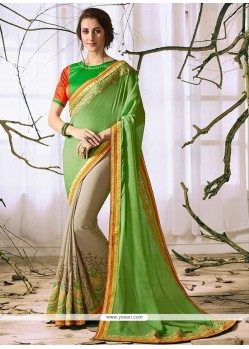 Faux Georgette Beige And Green Half N Half Designer Saree