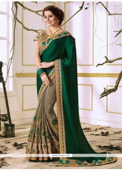 Lace Work Beige And Green Designer Half N Half Saree