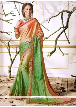 Fancy Fabric Green And Peach Lace Work Shaded Saree