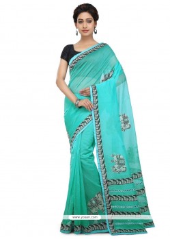 Aqua Blue Embroidered Work Saree