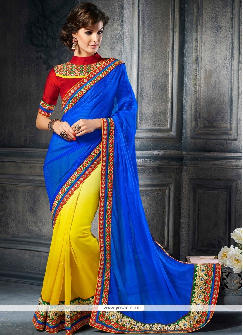 Magical Blue And Yellow Satin Party Wear Saree
